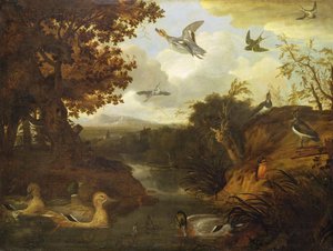Ducks and other birds about a stream in an Italianate landscape