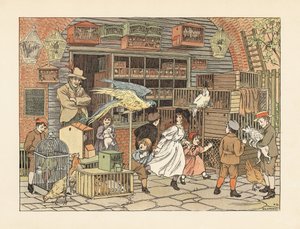 Victorian children playing with parrots and cockatoos at the bird fancier