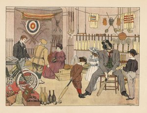 Victorian father and children buying cricket bats at the athletic outfitters and sports shop. Golfer in plus fours with a store clerk. Illustration by Francis Donkin Bedford from Edward Verrall Lucas