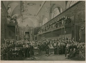 Interior of the House of Lords, Westminster, London, during the important investigation in 1820 by Francis Phillip Stephanoff