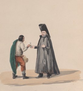 A Canon Handing a Crucifix to a Man, from a Group of Drawings Depicting Peruvian Costume