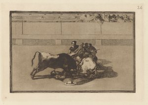 A Picador is Unhorsed and Falls Under the Bull, Plate 26 from La tauromaquia by Francisco de Goya