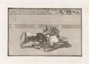 A Picador is Unhorsed and Falls Under the Bull, Plate 26 from La Tauromaquia by Francisco de Goya