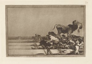 Dreadful Events in the Front Rows of the Ring at Madrid and Death of the Mayor of Torrejón, Plate 21 from La Tauromaquia by Francisco de Goya