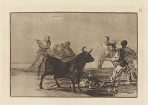 The Rabble Hamstring the Bull with Lances, Sickles, Banderillas and Other Arms, Plate 12 from La tauromaquia by Francisco de Goya