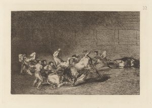 Two Teams of Picadors Thrown One After the Other by a Single Bull, Plate 32 from La tauromaquia by Francisco de Goya