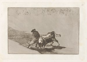 The Very Skillful Student of Falces, Wrapped in his Cape, Tricks the Bull with the Play of his Body, Plate 14 from La tauromaquia by Francisco de Goya