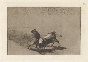 The Very Skillful Student of Falces, Wrapped in His Cape, Tricks the Bull with the Play of His Body, Plate 14 from La Tauromaquia by Francisco de Goya