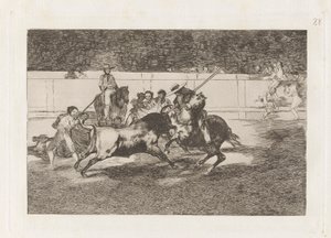 The Forceful Rendon Stabs a Bull with the Pique, from which Pass He Died in the Ring of Madrid, Plate 28 from La tauromaquia by Francisco de Goya