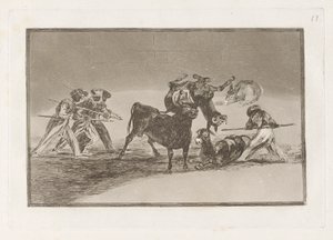 The Moors Use Donkeys as a Barrier to Defend Themselves Against the Bull Whose Horns Have Been Tipped with Balls, Plate 17 from La tauromaquia by Francisco de Goya
