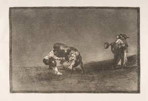 Plate 16 of the Tauromaquia: The same man throws a bull in the ring at Madrid by Francisco de Goya