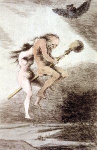 "Linda maestria" witches on a broom, c. 1802 by Francisco Jose de Goya y Lucientes