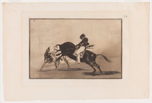Plate 24 from La Tauromaquia: The Same Ceballos Mounted on Another Bull Breaks Short Spears in the Ring at Madrid by Francisco Jose de Goya y Lucientes