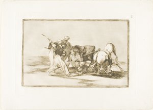 The Moors had settled in Spain, giving up the superstitions of the Koran, adopted this art of hunting, and spear a bull in the open, plate three from The Art of Bullfighting by Francisco Jose de Goya y Lucientes