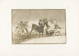 The Moors use donkeys as a barrier to defend themselves against the bull whose horns have been tipped with balls, plate 17 from The Art of Bullfighting by Francisco Jose de Goya y Lucientes
