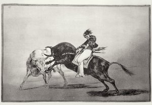 The same Mariano Ceballos, mounted on a bull, breaks short spears in the ring at Madrid, plate 24 of 