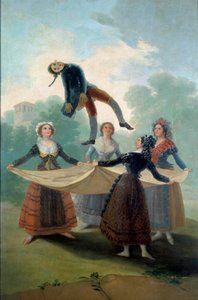 The Puppet. Young girls throwing up a rag doll with a sheet