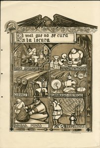 Illustration by Francisco Sancha Lengo - Flying leaf, circa 1915 - El mal que no se cura es la locura - War of 14-18, Germany Prussia, Asphixiant gas, Spanish language, Foreign press by Francisco Sancha y Lengo