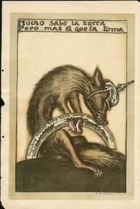 Illustration - Flying leaf, ca. 1915 - Mucho sabe la zorra pero mal el que la toma - War of 14-18, Germany Prussia, Belligerents and Symbols, Allies, Spanish Language, Foreign Press - Fox, Obstruction, Animation by Francisco Sancha y Lengo