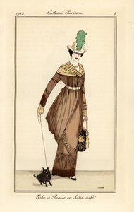 Woman in Panier Dress in Coffee-Coloured Satin with Pet Dog by Francesc Xavier Gosé