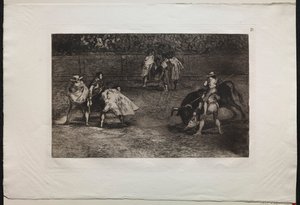 Bullfights: A Bullfighter Mounted on the Shoulders of an Assistant, Spearing a Bull, 1876
