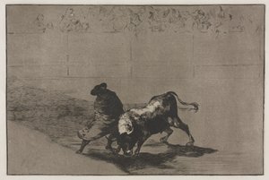 Bullfights: The Very Skilful Student of Falces, Wrapped in his Cape, Tricks the Bull, 1876 by Francisco de Goya