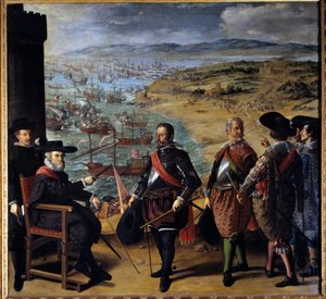 The defence of Cadiz against the English. The English troops seized the Tower of Cadiz on 1 November 1625 in order to intercept gold and silver from America. The seated character is Fernando Giron, governor of the city by Francisco de Zurbaran