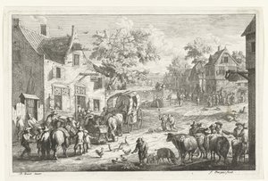 Village Scene with Travelers and Cattle Traders at an Inn by Franciscus de Bargas