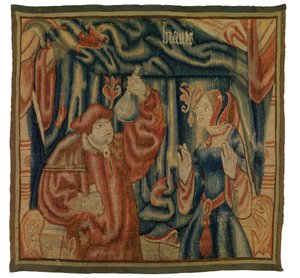 Tapestry fragment depicting an interior with physician and woman