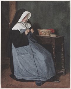 A Nun Seated at a Table Knitting by François Bonvin