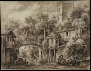 Architectural Capriccio with the Mill of Quiquengrogne near Charenton by François Boucher