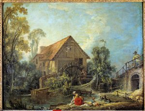 The Mill. A woman washes the laundry in the stream near a water mill. Painting by Francois Boucher, 1751 by François Boucher