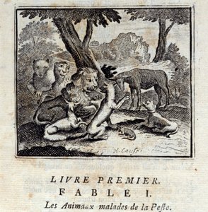 Animals sick of the Plague. Fables by Jean de La Fontaine (1621-95). Illustration by François Chauveau (1613-1676). Edition of 1728