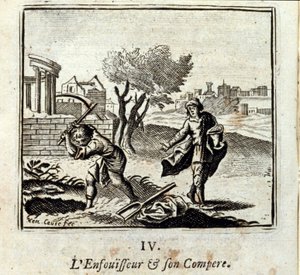 The Burner and his Compere. Fables by Jean de La Fontaine (1621-95). Illustration by François Chauveau (1613-1676). Edition of 1728 by Francois Chauveau