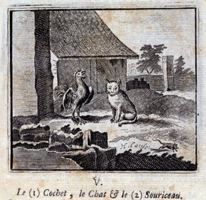The Cochet the Cat and the Mouse. Fables by Jean de La Fontaine (1621-95). Illustration by François Chauveau (1613-1676). Edition of 1728 by Francois Chauveau