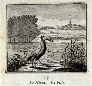 The Heron. Fables by Jean de La Fontaine. Illustration by François Chauveau, Edition of 1728 by Francois Chauveau
