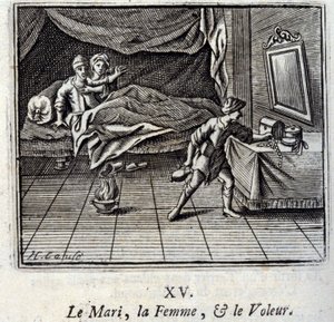 The Husband, the Wife, and the Thief. Fables by Jean de La Fontaine. Illustration by François Chauveau. Edition of 1728 by Francois Chauveau