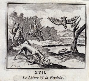 The Hare and the Partridge. Fables by Jean de La Fontaine (1621-95). Illustration by François Chauveau (1613-1676). Edition of 1728 by Francois Chauveau
