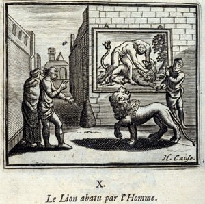 The Lion shot down by Man. Fables by Jean de La Fontaine (1621-95). Illustration by François Chauveau (1613-1676). Edition of 1728 by Francois Chauveau