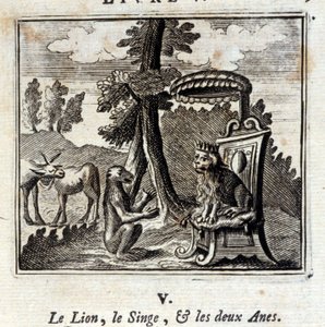 The Lion, the Monkey and the Two Donkeys. Fables by Jean de La Fontaine (1621-95). Illustration by François Chauveau (1613-1676). Edition of 1728 by Francois Chauveau