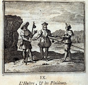 The Oyster and the Litigants. Fables by Jean de La Fontaine. Illustration by François Chauveau. Edition of 1728