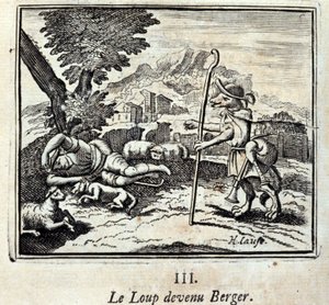 The Wolf Became a Shepherd. Fables by Jean de La Fontaine. Illustration by François Chauveau. Edition of 1728 by Francois Chauveau