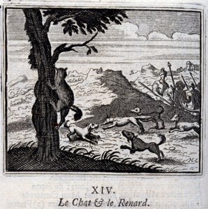 The Cat and the Fox. Fables by Jean de La Fontaine. Illustration by François Chauveau. Edition of 1728 by Francois Chauveau