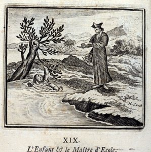 The Child and the Schoolmaster. Fables by Jean de La Fontaine (1621-95). Illustration by François Chauveau (1613-1676). Edition of 1728 by Francois Chauveau