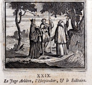 The Judge Referees the Hospitaller and the Solitaire. Fables by Jean de La Fontaine. Illustration by François Chauveau. Edition of 1728.