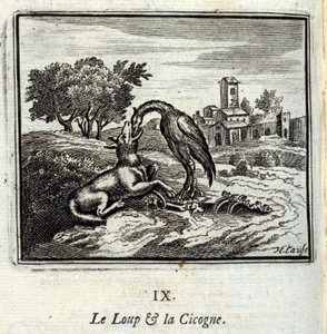 The Wolf and the Stork. Fables by Jean de La Fontaine. Illustration by François Chauveau, Edition of 1728