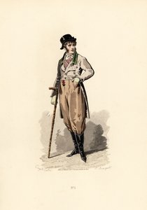 Man in loose fitting coat, waistcoat, trousers and boots by Francois Claudius (after) Compte Calix