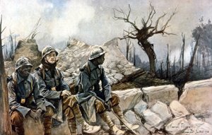 3 French soldiers sitting in front of the ruins of the Dampierre church (War 1914 - 1918) by Francois Flameng