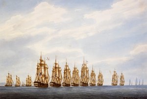 Departure of squadron of nine ships, three frigates and three corvettes, watercolor by Francois Roux, France