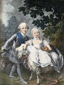 The Count of Artois Child (Future King Charles X) and His Sister Marie Clotilde Xavière (Future Queen of Sardinia). Engraving 19th Century After the Painting of François Hubert Drouais